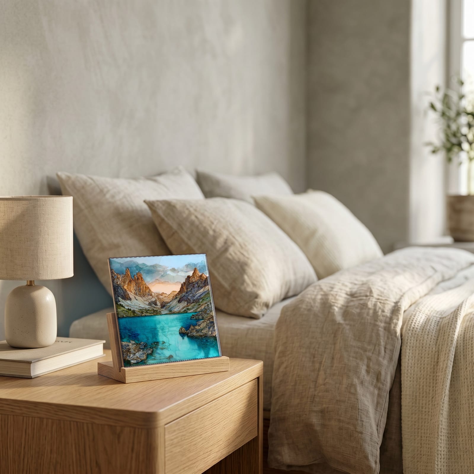 On the nightstand, on a light oak stand.