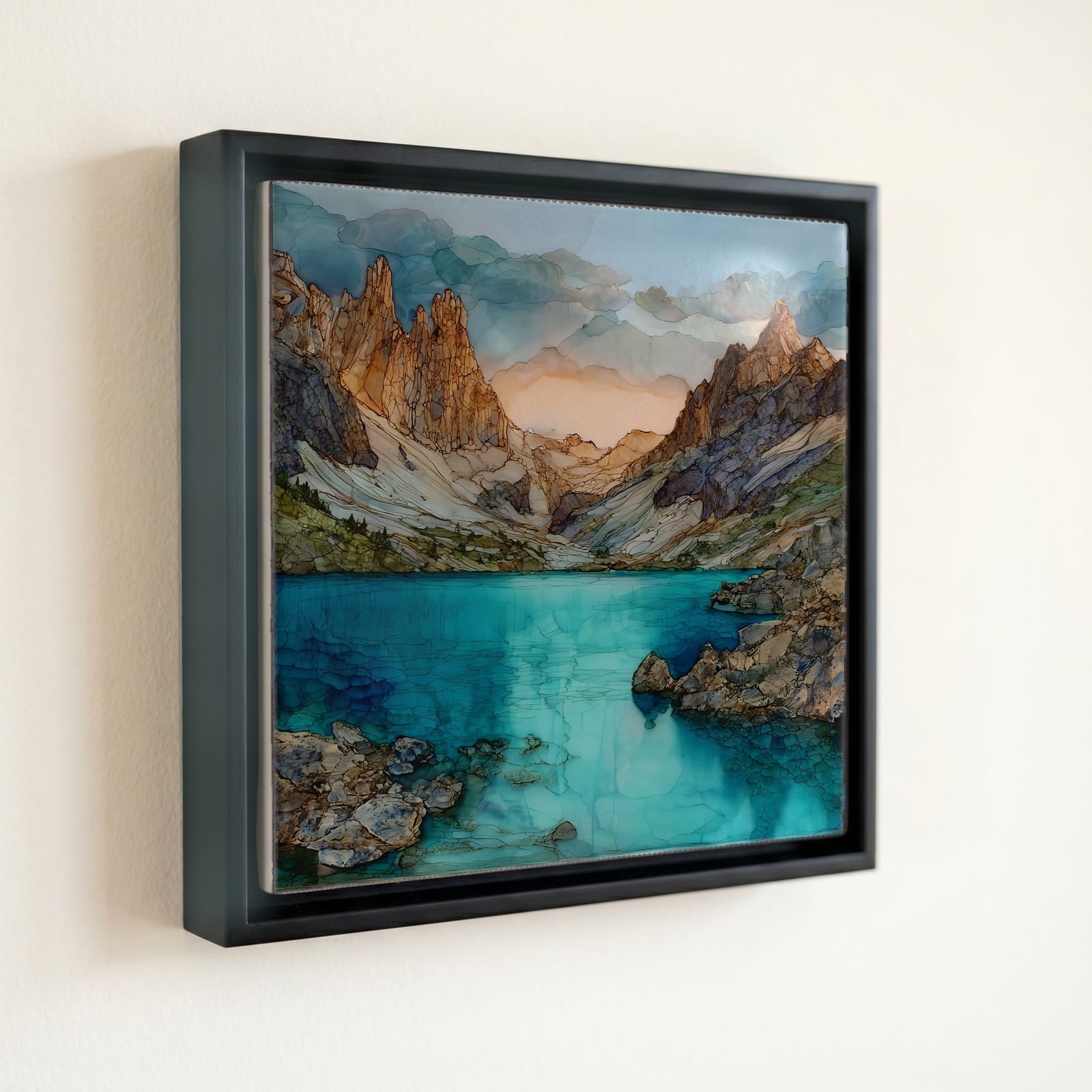 shown in a slim black floating frame · 6 × 6 in